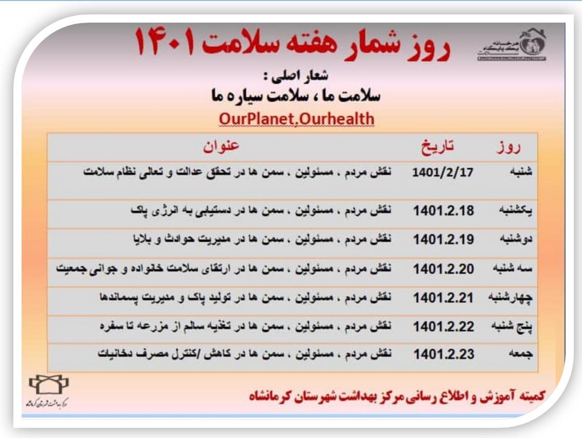 روز شمار هفته سلامت 1401