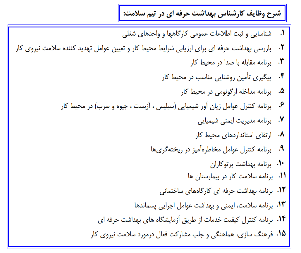 شرح وظایف کاردان ها وکارشناسان بهداشت حرفه ای در مراکزشهری