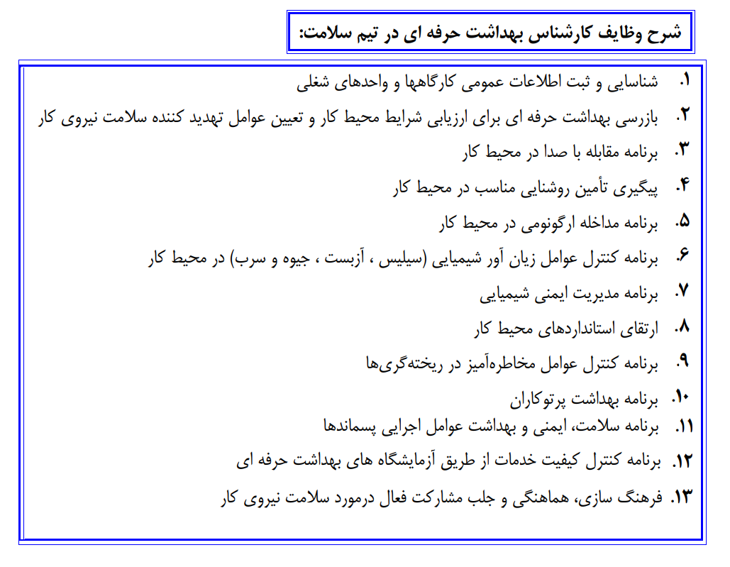 شرح وظایف کاردان ها وکارشناسان بهداشت حرفه ای در مراکزروستایی