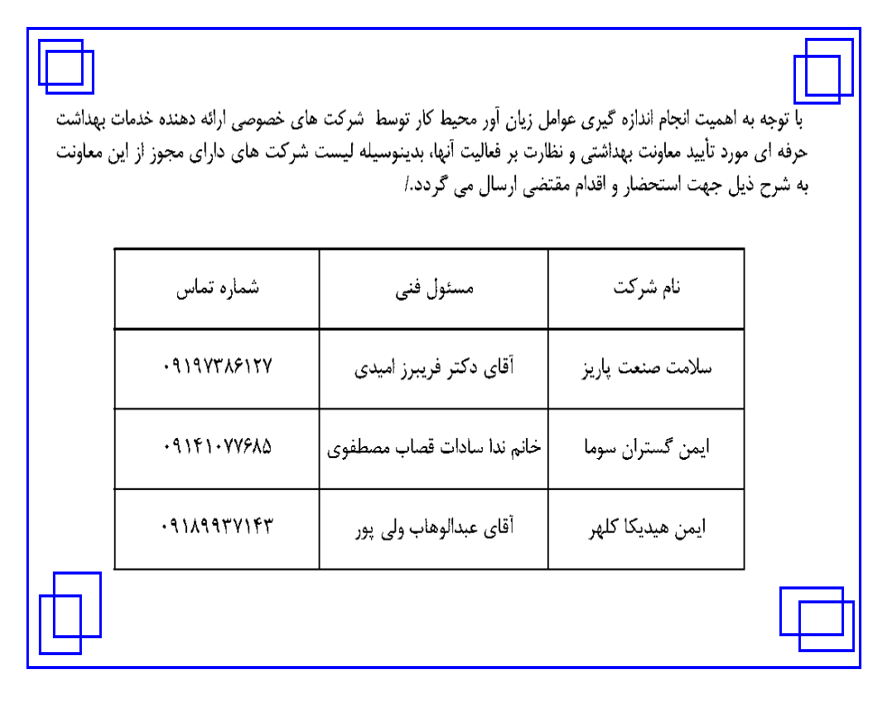 فهرست شرکتهای خصوصی دارای مجوز ارائه خدمات بهداشت ای